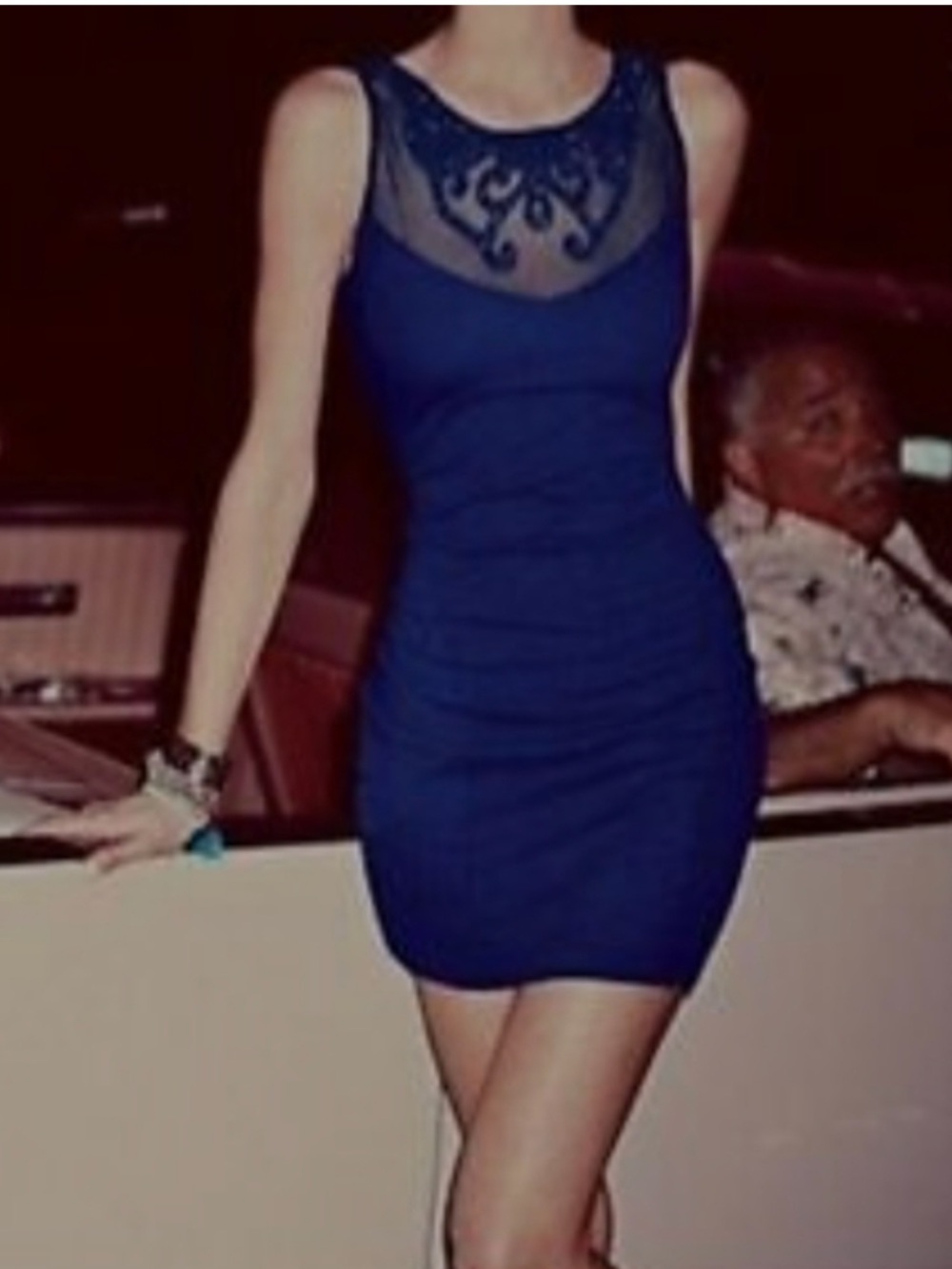 Free People Bodycon Keyhole Back Beaded Ornate Chest Patch Indigo Dress